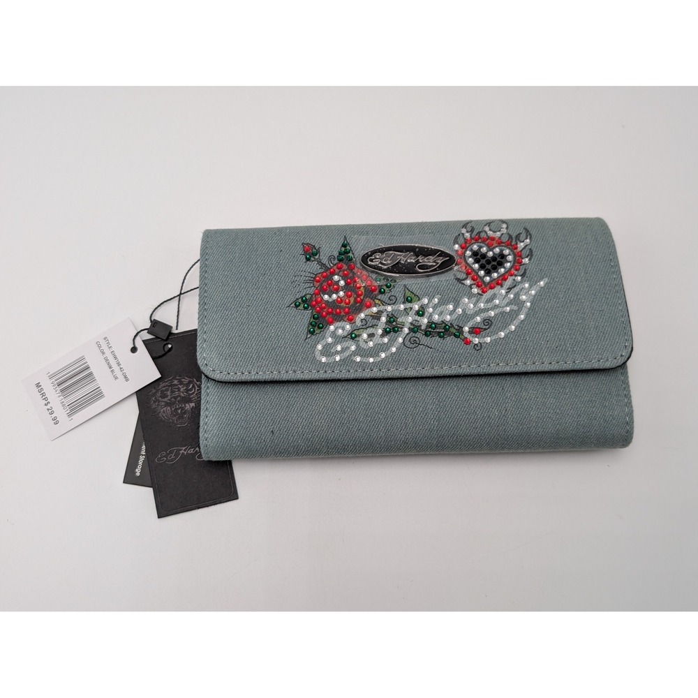 Ed Hardy Wallet Womens Blue Denim Tattoo‎ Rose Heart Rhinestone Y2K EHW188-42